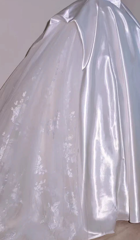 Sleek Minimal Satin White Strapless Ball Gown Wedding Dress With Side Lace And Chapel Train AE126