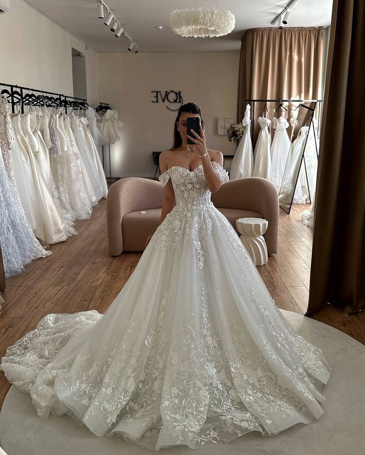 Opulent Ivory Off The Shoulder A Line Wedding Dress With 3D Floral Lace Appliqués And Chapel Train AE127