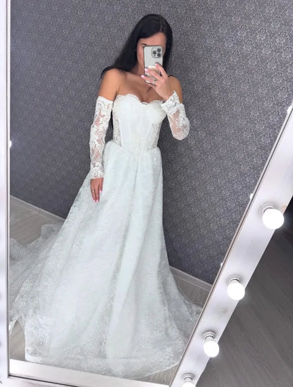 Chic White Strapless Sweetheart Lace A-Line Tulle Wedding Dress With Chapel Train And Detachable Long Lace Sleeves AE131