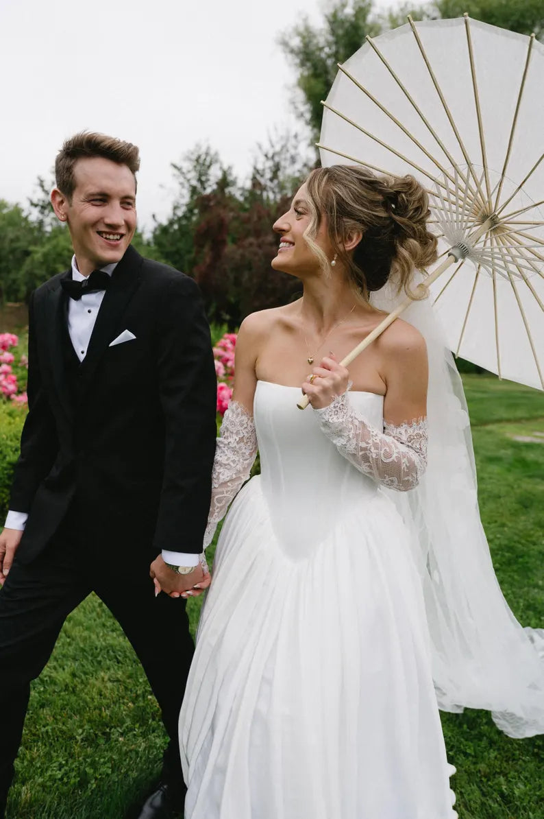 Minimalist Ivory Strapless Satin A Line Wedding Dress With Chapel Train AE128