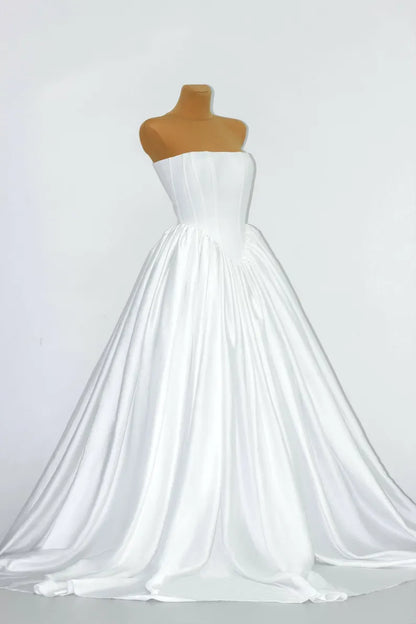 Minimalist Ivory Strapless Satin A Line Wedding Dress With Chapel Train AE128