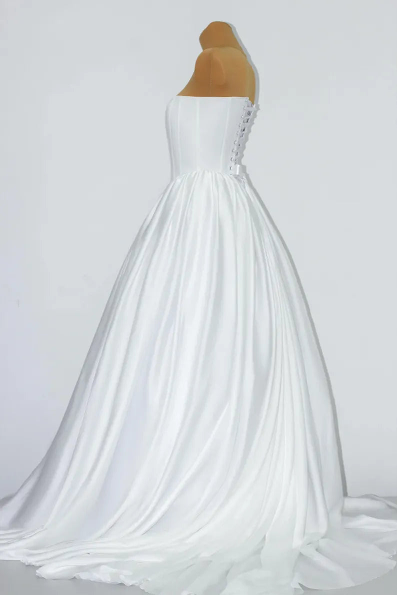 Minimalist Ivory Strapless Satin A Line Wedding Dress With Chapel Train AE128