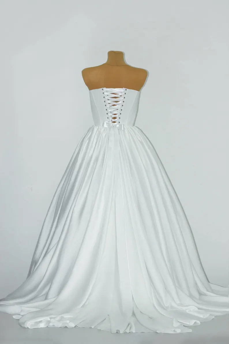 Minimalist Ivory Strapless Satin A Line Wedding Dress With Chapel Train AE128
