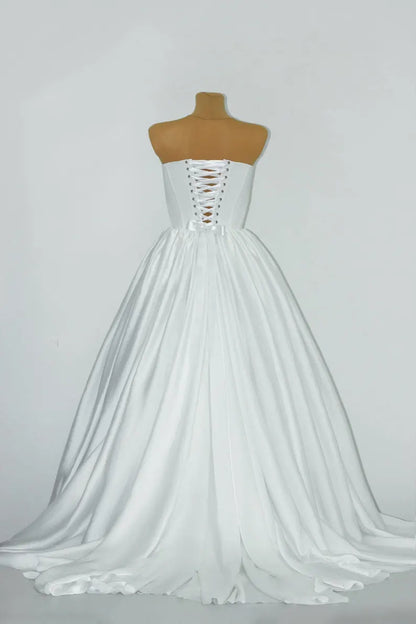 Minimalist Ivory Strapless Satin A Line Wedding Dress With Chapel Train AE128