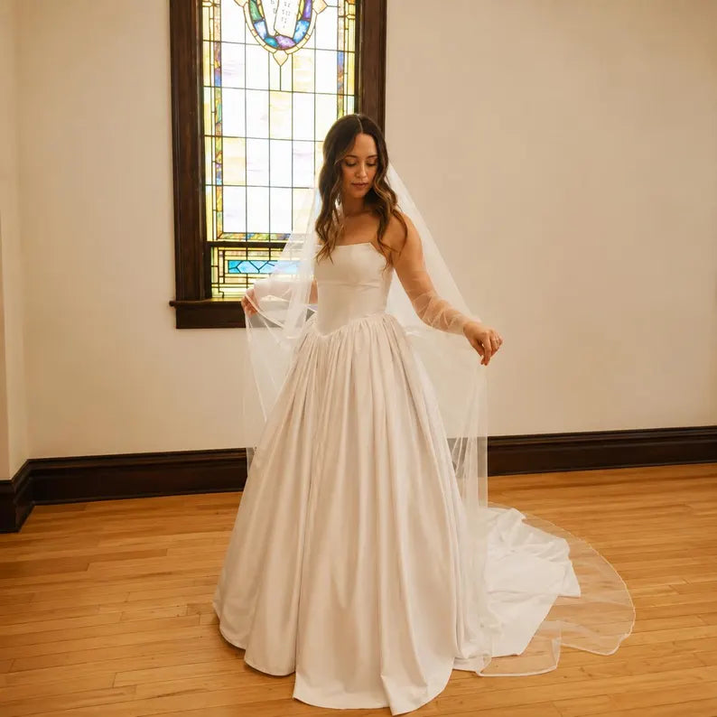 Minimalist Ivory Strapless Satin A Line Wedding Dress With Chapel Train AE128