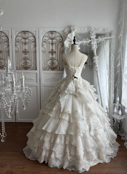 Vintage Ivory Pearl Straps A Line Wedding Dress With Beaded Lace Applique Bodice And Multi-Tier Ruffle Organza Skirt AE129