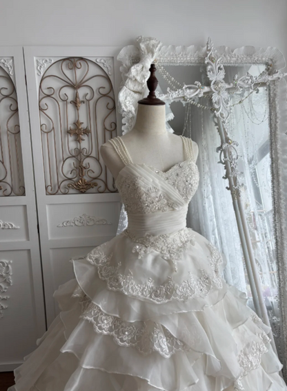 Vintage Ivory Pearl Straps A Line Wedding Dress With Beaded Lace Applique Bodice And Multi-Tier Ruffle Organza Skirt AE129