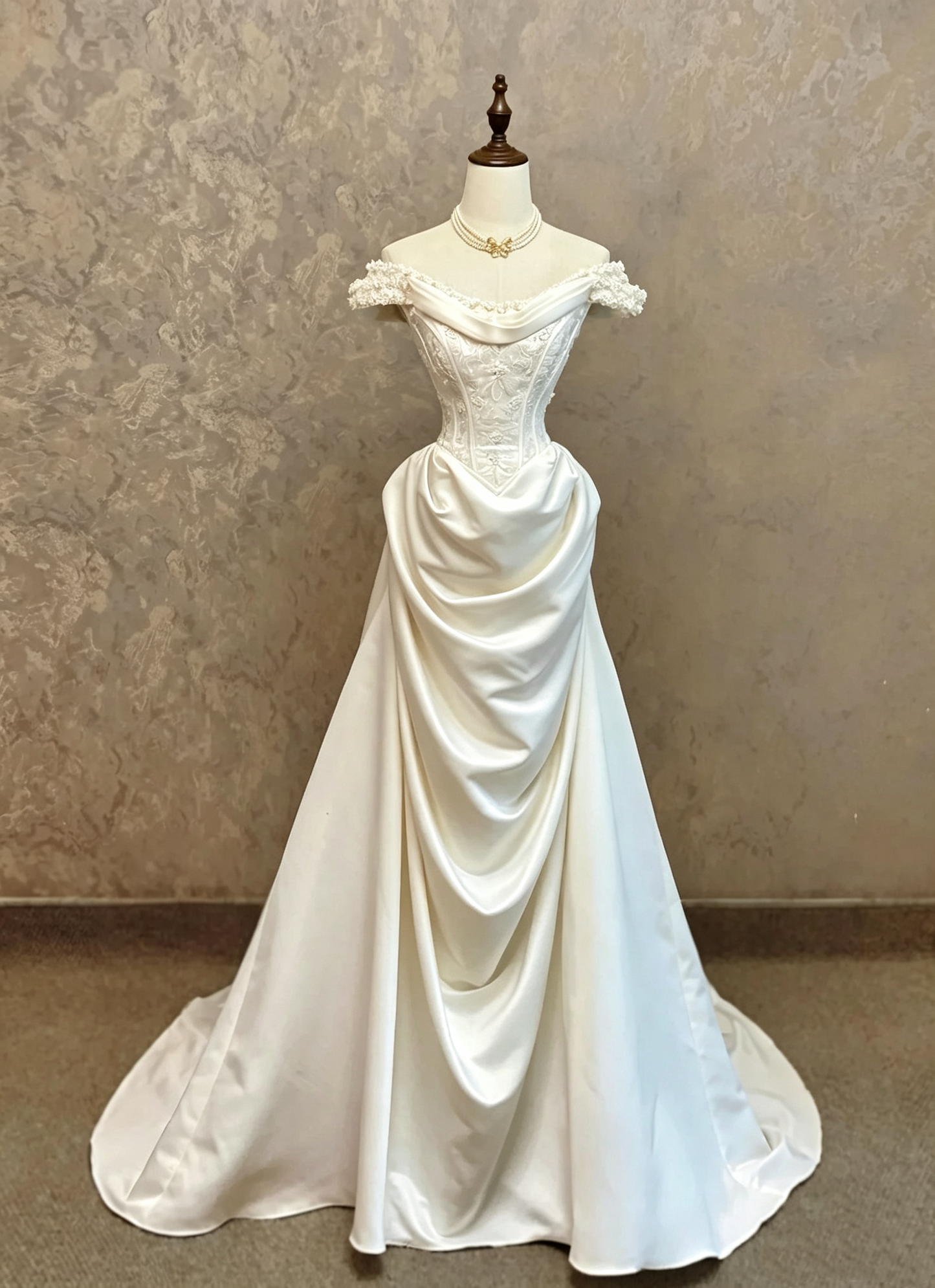 Elegant Ivory Off The Shoulder Floral Embroidered Corset Satin Mermaid Wedding Dress With Chapel Train AE132