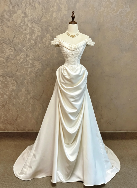 Elegant Ivory Off The Shoulder Floral Embroidered Corset Satin Mermaid Wedding Dress With Chapel Train AE132