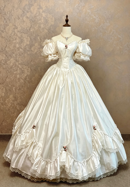 Romantic Ivory Off The Shoulder Puffed Short Sleeve Corset Satin Ballgown Wedding Dress With Mini Floral Accent and Lace Ruffle Hem AE135