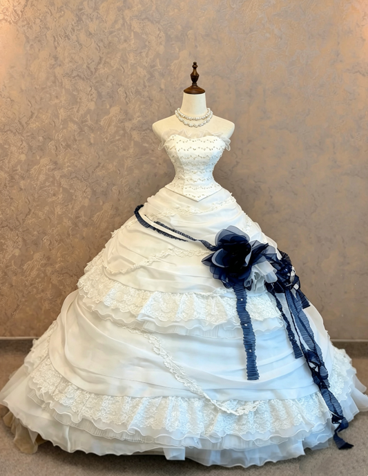 Unique White Strapless Beaded Corset Bodice Navy Blue 3D Flower Multi-Tier Lace Ruffle Ballgown Wedding Dress With Chapel Train AE136