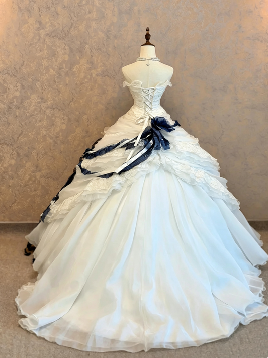 Unique White Strapless Beaded Corset Bodice Navy Blue 3D Flower Multi-Tier Lace Ruffle Ballgown Wedding Dress With Chapel Train AE136