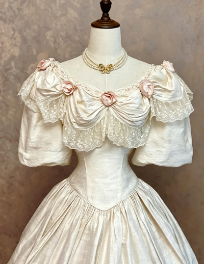 Elegant Ivory Off The Shoulder Puffed Short Sleeve Draped Neckline 3D Pink Rose Embellished Satin Corset A Line Wedding Dress With Chapel Train AE137