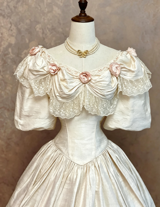 Elegant Ivory Off The Shoulder Puffed Short Sleeve Draped Neckline 3D Pink Rose Embellished Satin Corset A Line Wedding Dress With Chapel Train AE137