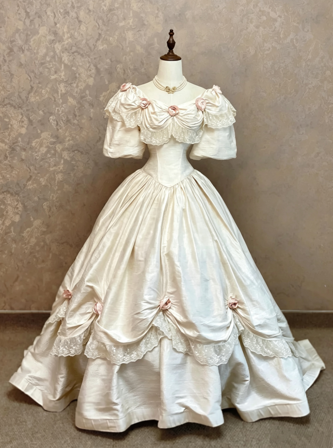 Elegant Ivory Off The Shoulder Puffed Short Sleeve Draped Neckline 3D Pink Rose Embellished Satin Corset A Line Wedding Dress With Chapel Train AE137