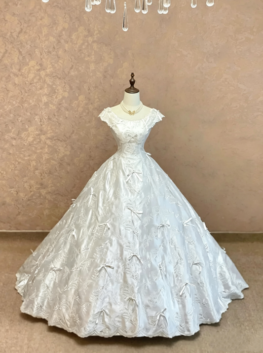 Lovely Ivory Off The Shoulder Bow Accent Satin Corset Ballgown Long Prom Dress AE138