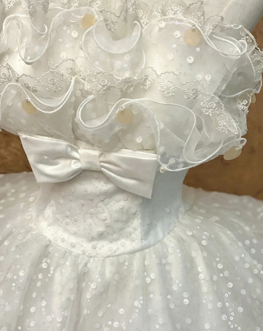 Gorgeous White Strapless Ruffle Trim Corset Bodice Large Satin Bow Accent Multi-Tier Glitter Tulle Ruffle Ballgown Wedding Dress With Chapel Train AE139