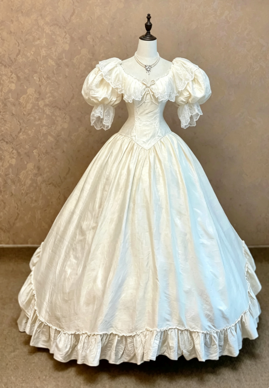 Glam Vintage Ivory Off Shoulder Puffed Short Sleeve Lace Ruffle Neckline Tiny Bow Embellished Satin Corset Ballgown Wedding Dress AE142