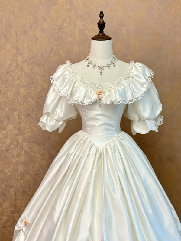 Glam Ivory Off-Shoulder Puffed Short Sleeve Lace Trim Mini Floral Accent Satin Corset Ball Gown Long Wedding Dress AE143
