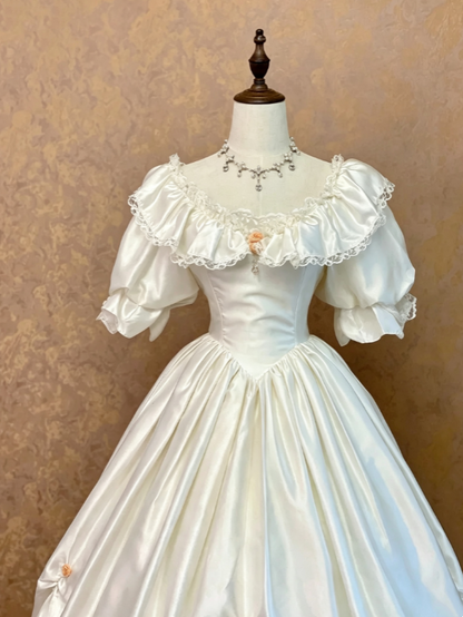 Glam Ivory Off-Shoulder Puffed Short Sleeve Lace Trim Mini Floral Accent Satin Corset Ball Gown Long Wedding Dress AE143