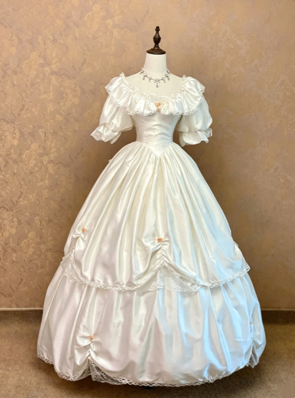 Glam Ivory Off-Shoulder Puffed Short Sleeve Lace Trim Mini Floral Accent Satin Corset Ball Gown Long Wedding Dress AE143