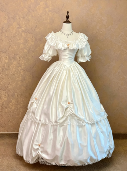 Glam Ivory Off-Shoulder Puffed Short Sleeve Lace Trim Mini Floral Accent Satin Corset Ball Gown Long Wedding Dress AE143