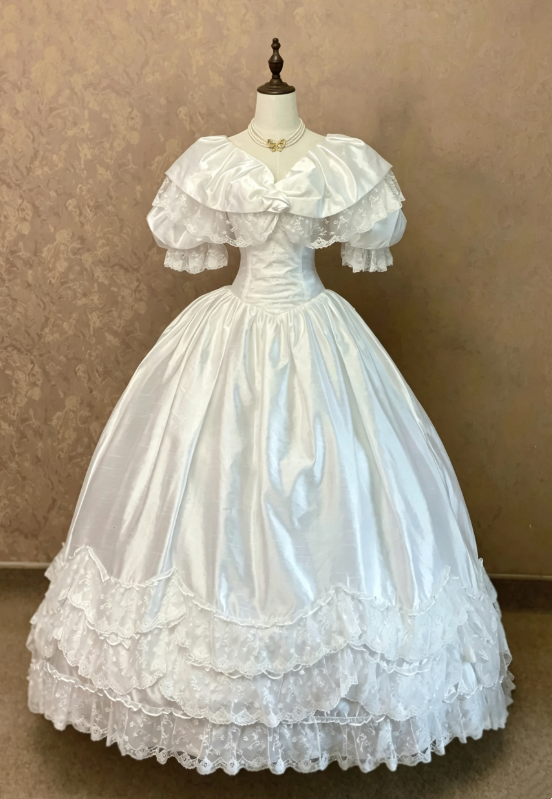Vintage White Off The Shoulder Puffed Short Sleeve Satin Multi-Tier Lace Ruffle Ballgown Long Wedding Dress AE145