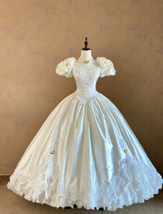 Elegant Ivory Puffed Short Sleeve Sweetheart Heavy Floral Lace Corset Mini Floral Accent Lace Ruffle Hem Satin Ballgown Wedding Dress AE146