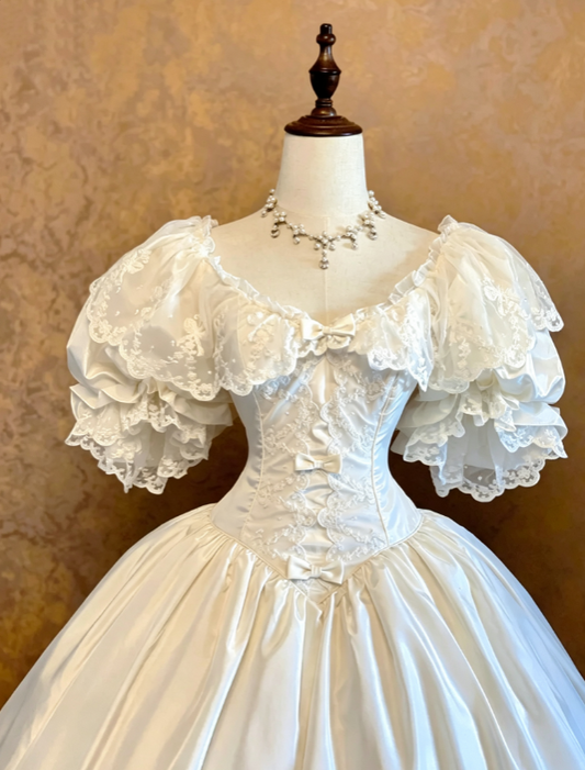 Elegant Ivory Off The Shoulder Puffed Lace Short Sleeve Corset Satin Bow Multi-Tier Lace Ruffle Ballgown Long Wedding Dress AE147