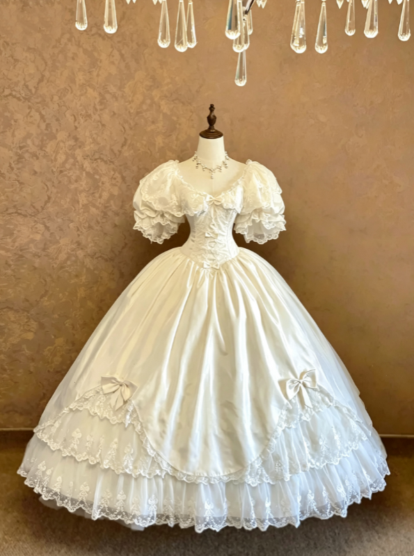 Elegant Ivory Off The Shoulder Puffed Lace Short Sleeve Corset Satin Bow Multi-Tier Lace Ruffle Ballgown Long Wedding Dress AE147
