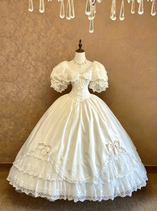 Elegant Ivory Off The Shoulder Puffed Lace Short Sleeve Corset Satin Bow Multi-Tier Lace Ruffle Ballgown Long Wedding Dress AE147
