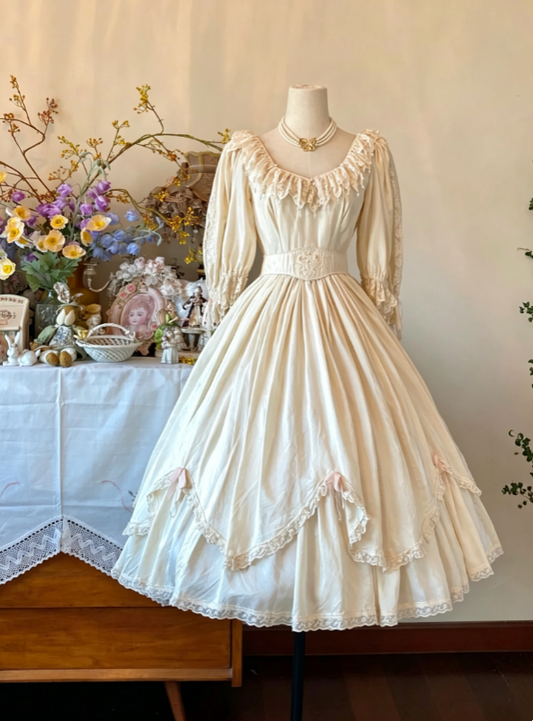 Elegant Ivory Square Neck Lace Ruffle Neck Three Quarter Puff Sleeve A Line Lace Trim Midi Wedding Dress AE151