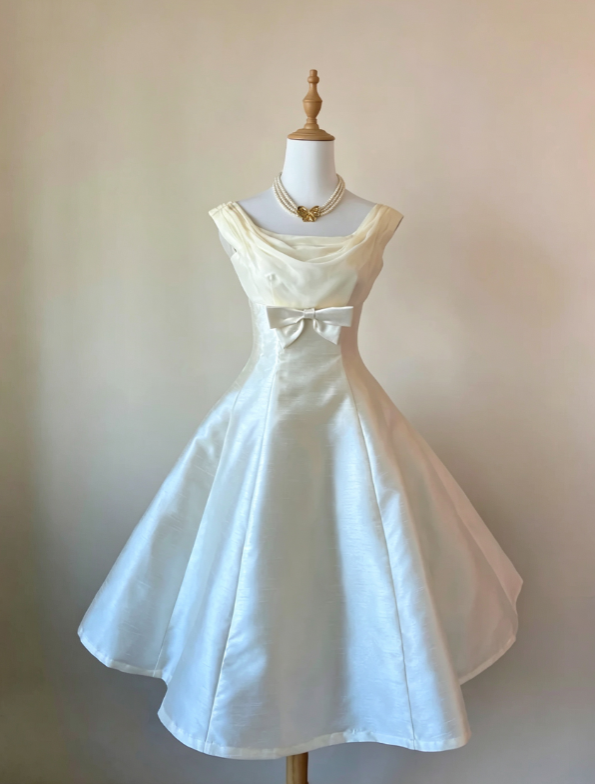 Elegant Ivory Off Shoulder Draped Cowl Neck Front Satin Bow Satin Midi A Line Wedding Dress AE157