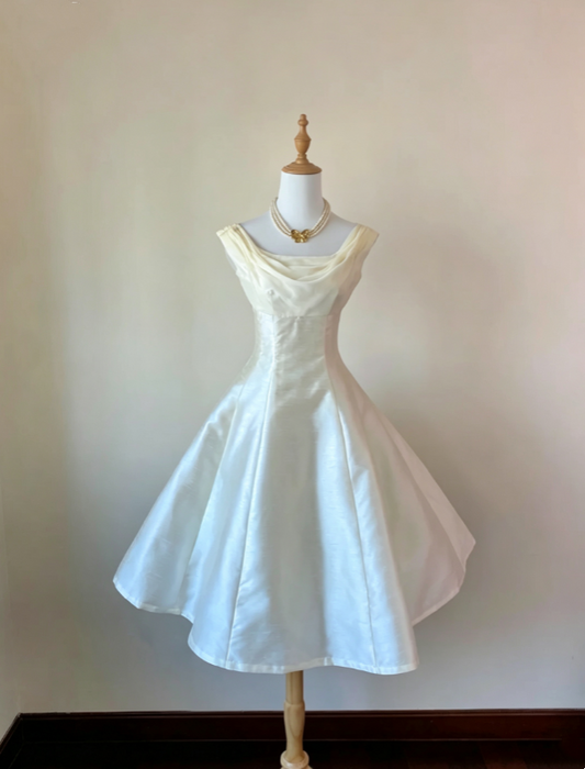 Elegant Ivory Off Shoulder Draped Cowl Neck Front Satin Bow Satin Midi A Line Wedding Dress AE157