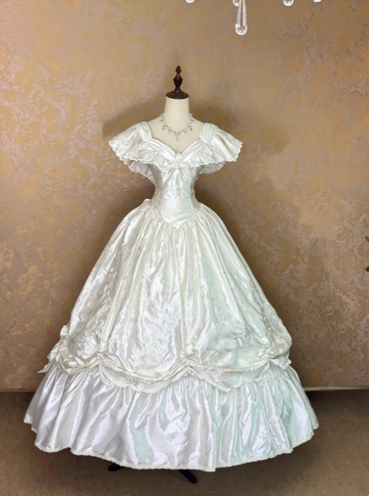 Glam Ivory Off The Shoulder Lace Ruffle V-Neck Satin A Line Long Wedding Dress AE160