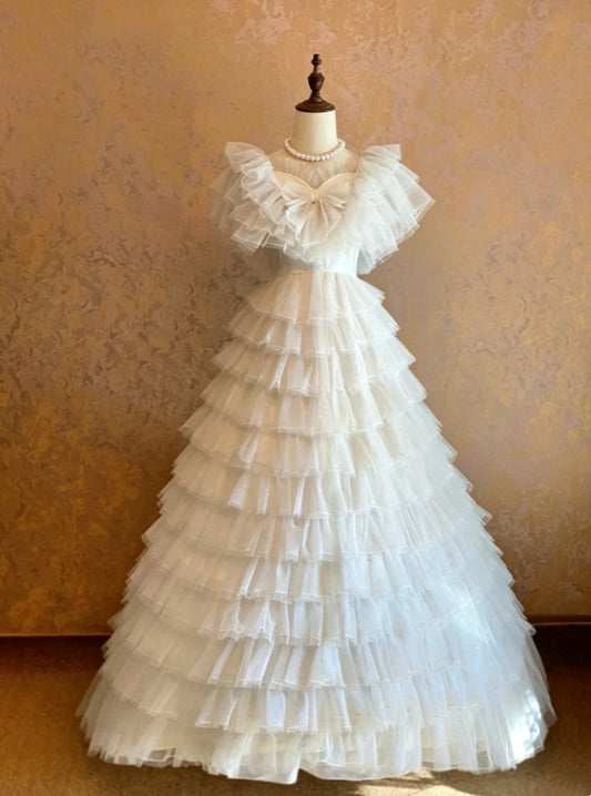 Romantic White Sweetheart Neck Multi-Layer Ruffle Tulle Front Bow A Line Long Wedding Dress AE161