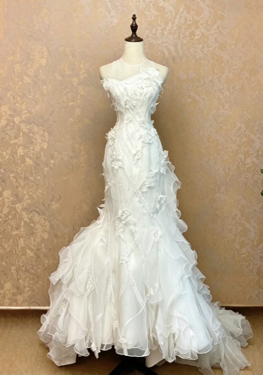Glam White Illusion High Mesh Neck Floral Applique Multi-Tier Ruffle Mermaid Wedding Dress With Chapel Train AE164