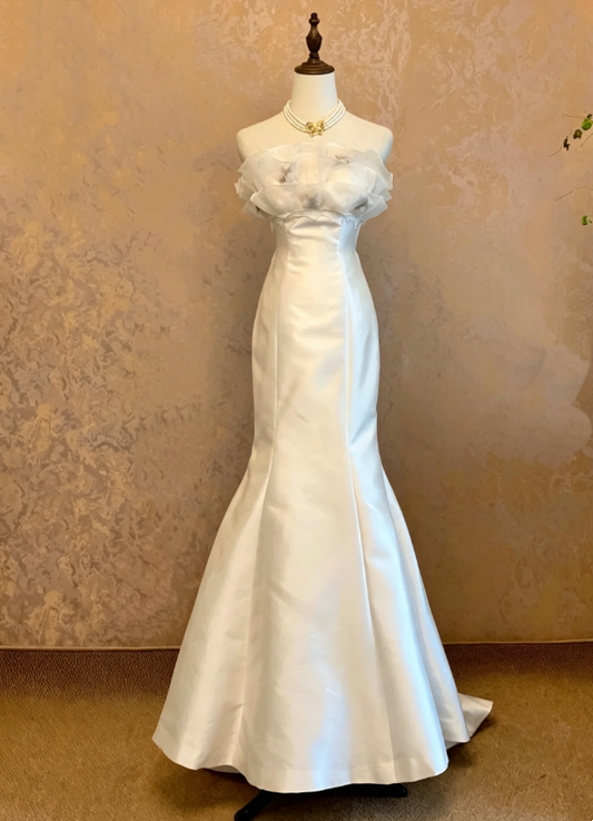 Chic White Strapless Ruffled Floral Organza Neck Satin Mermaid Wedding Dress With Court Train AE165