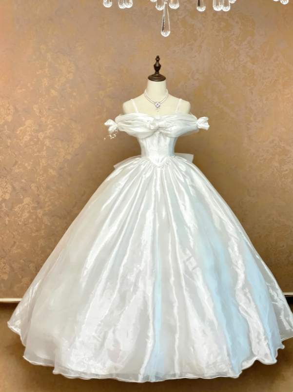 Chic White Off Shoulder Bow Accent Spaghetti Strap Ballgown Long Wedding Dress AE167