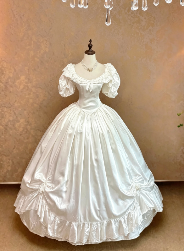 Chic Ivory Off Shoulder Ruffle Neck Puffed Short Sleeve Ruched Satin Ballgown Long Wedding Dress AE168