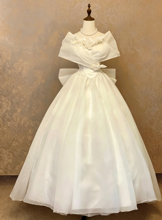 Elegant White Off Shoulder 3D Floral Applique Corset Large Bow Voluminous Tulle A Line Long Wedding Dress AE170