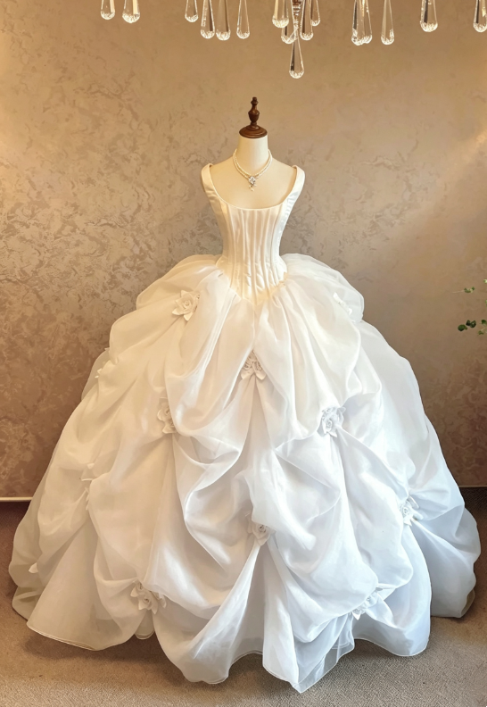 Gorgeous White Wide Strap Square Neck 3D Floral Applique Ruched Organza Ballgown Long Wedding Dress AE171