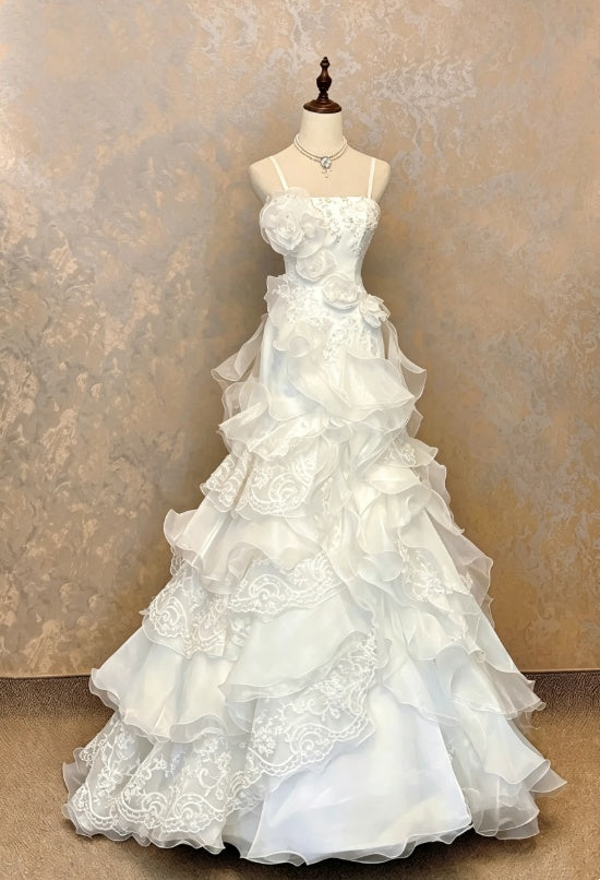 Romantic White Spaghetti Strap Beaded Bodice 3D Floral Applique Multi-Tier Ruffle Organza Lace Trim Mermaid Long Wedding Dress AE172