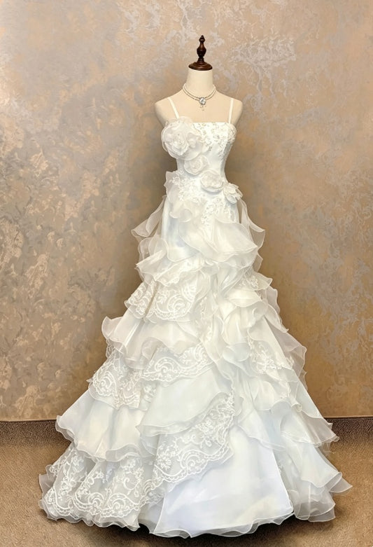 Romantic White Spaghetti Strap Beaded Bodice 3D Floral Applique Multi-Tier Ruffle Organza Lace Trim Mermaid Long Wedding Dress AE172