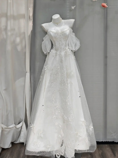 Dreamy White Off Shoulder 3D Floral Lace Beaded A-line Long Wedding Dress AE198