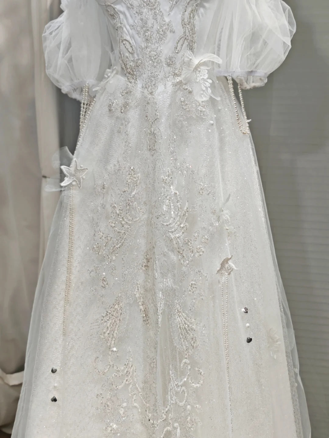 Dreamy White Off Shoulder 3D Floral Lace Beaded A-line Long Wedding Dress AE198