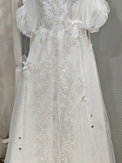 Dreamy White Off Shoulder 3D Floral Lace Beaded A-line Long Wedding Dress AE198