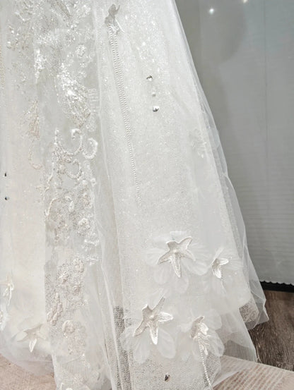 Dreamy White Off Shoulder 3D Floral Lace Beaded A-line Long Wedding Dress AE198