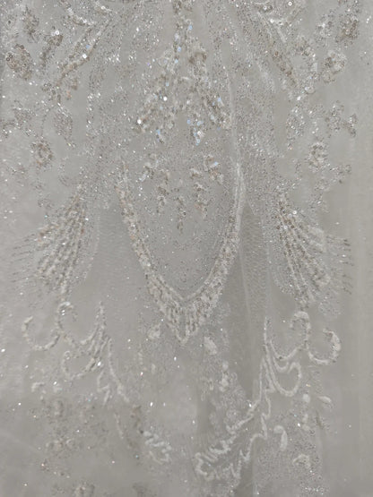 Dreamy White Off Shoulder 3D Floral Lace Beaded A-line Long Wedding Dress AE198