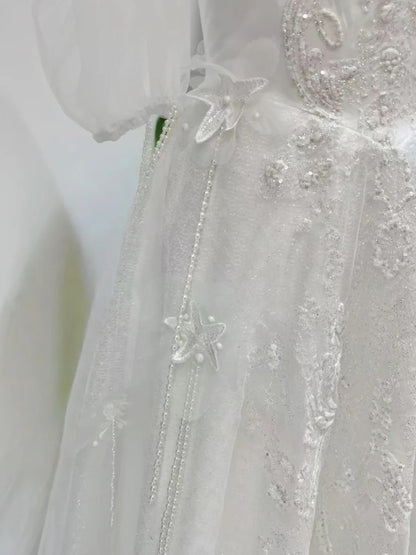 Dreamy White Off Shoulder 3D Floral Lace Beaded A-line Long Wedding Dress AE198